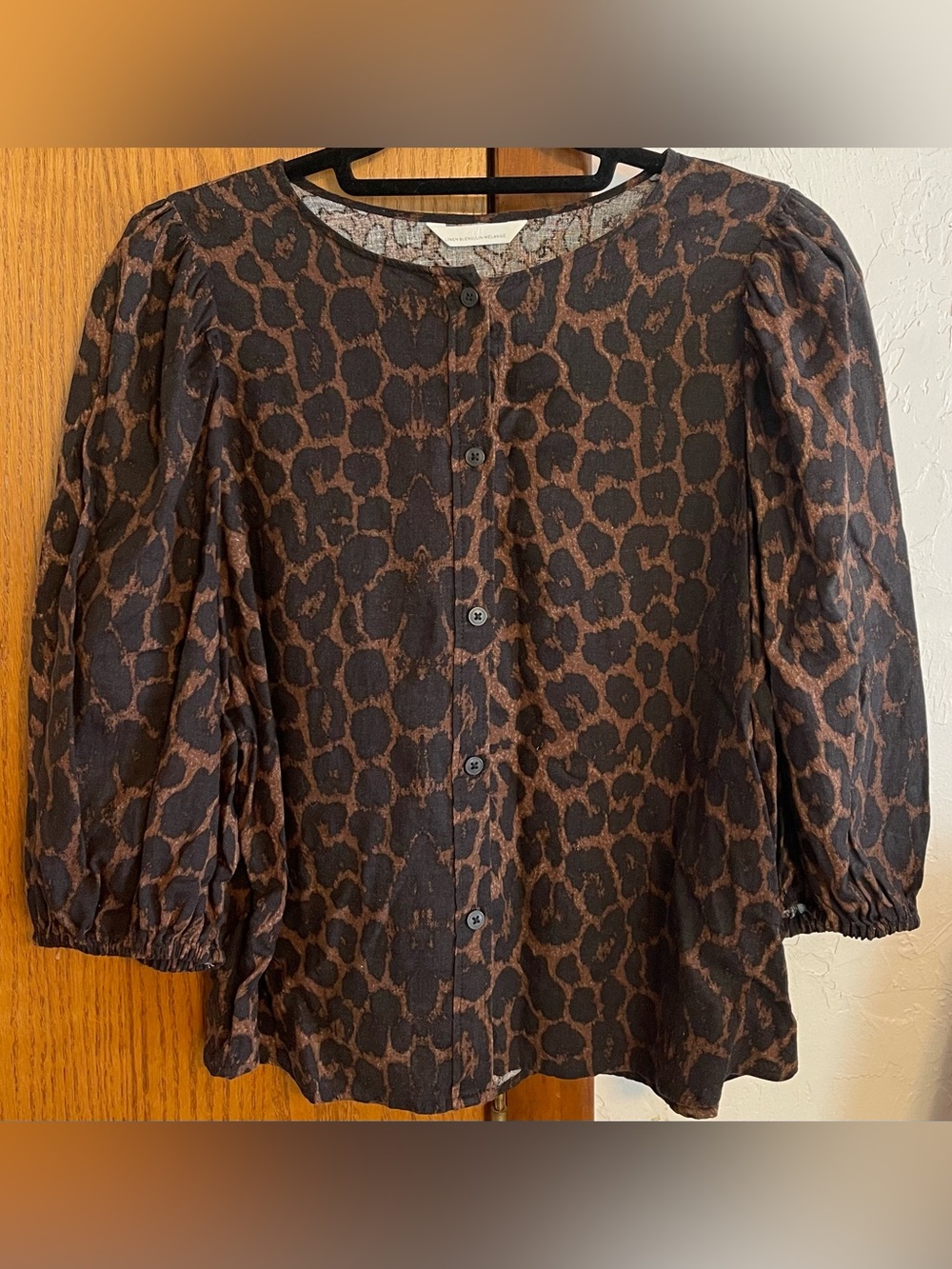 H&M Linen Blend Brown Leopard-Print Button Down Puff Sleeve Blouse
